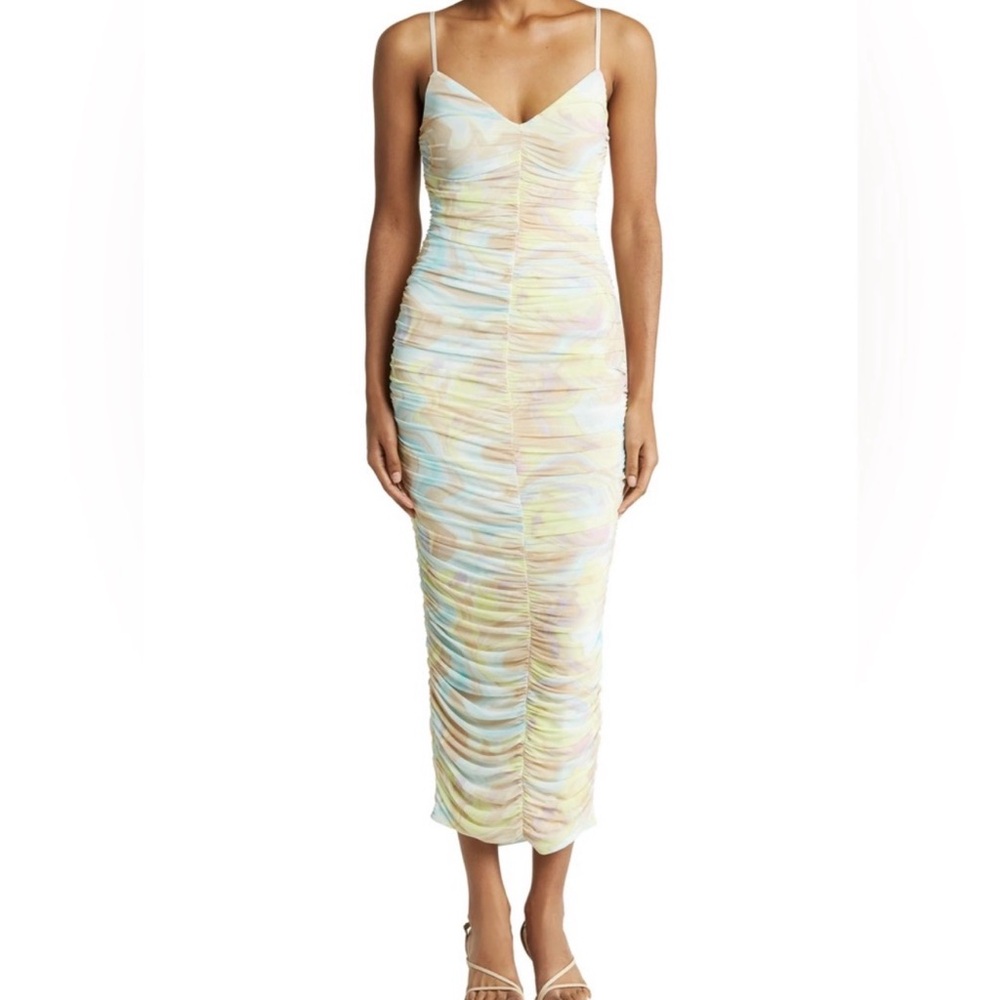 AFRM ALOISA RUCHED‎ MESH MIDI SLIP DRESS IN SKY MARBLE Pastel Spaghetti small